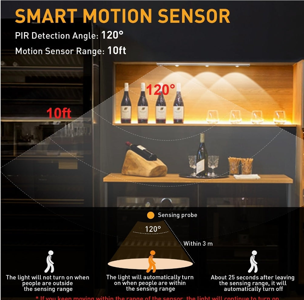 Motion Sensor Under Cabinet LED                                            40 cm,1200mAh Battery,3 Color Modes, Dimmable USB Rechargeable Closet Lamp, Wireless Stick-On for Wardrobe, Kitchen, (Black Cabinet 40CM, 40 CM)