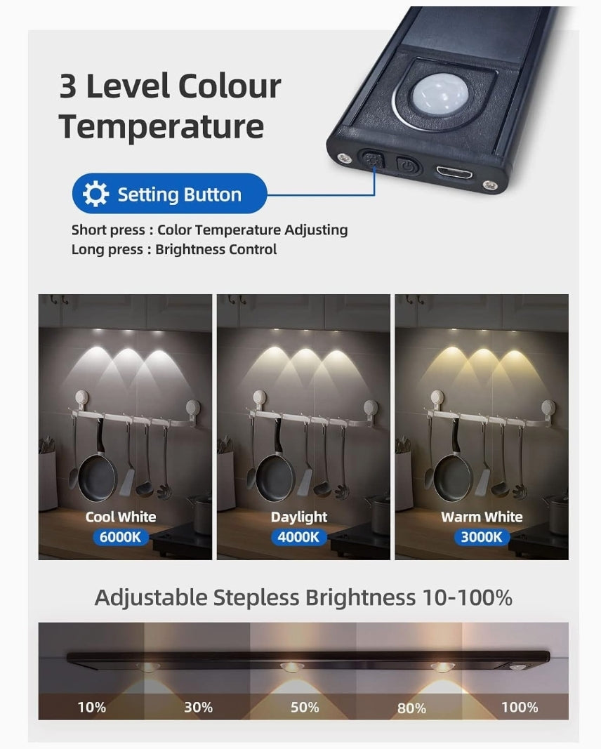 Motion Sensor Under Cabinet LED                                            40 cm,1200mAh Battery,3 Color Modes, Dimmable USB Rechargeable Closet Lamp, Wireless Stick-On for Wardrobe, Kitchen, (Black Cabinet 40CM, 40 CM)